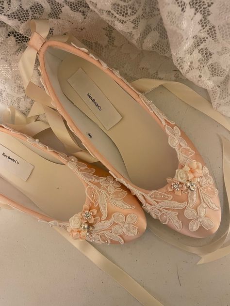 Colors Available: Ivory/Ivory and Blush Pink/Ivory shoes lace appliqués, and fine satin double sided ribbon straps. As shown. Please look at all the pictures! (the Ivory bride picture is not for these shoes is only to show an idea of tied ribbon straps may look, you can try other ways, or shorten straps if, needed.) IN SOME SCREEN MONITORS COLOR MAY LOOK PEACH, BLUSH PINK IS A VERY LIGHT PEACHY PINK, I SUGGEST TO ORDER A COLOR SWATCH TO VIEW COLOR IN PERSON, SPECIALLY IF, YOU ARE MATCHING IT TO SOMETHING! THANK YOU!   I meticulously  designed these beautiful shoes fit for a real princess on her wedding day (Please Note: These are NOT Professional Ballerina Slippers. They are Bridal Ballet Style Flats.) Outer sole is firm imitation leather swede, shoes are Vegan.  Not to wear on Wet areas/g Bridal Ballet Slippers, Princess Shoes Pink, Pink Bard Aesthetic, Ballet Wedding Shoes, Peach Shoes, Professional Ballerina, Ivory Bride, Tied Ribbon, Pink Ballet Flats