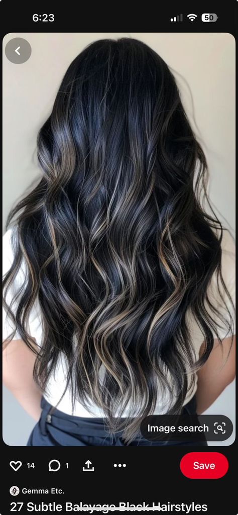 Chunky Blonde Highlights On Black Hair, Black With Highlights Hair, Ash Brown Balayage Dark, Black Bayalage Hair, Highlight Black Hair, Low Lights For Black Hair, Smokey Ash Brown Balayage Dark, Black Hair With Lowlights, Ash Highlights