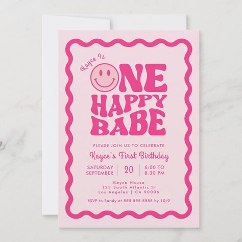 Pink cute preppy smile one happy babe girl 1st birthday invitation. One Happy Babe First Birthday Girl, One Happy Babe, Pink Birthday Theme, Combined Birthday Parties, Hot Pink Birthday, Baby First Birthday Themes, Girl 1st Birthday, Happy First Birthday, Pink Preppy