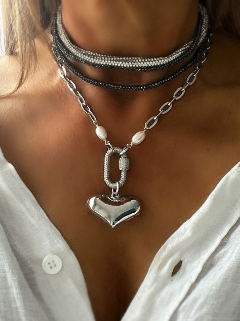 Silver Heart Charm Necklace, Silver Link Chain Necklace, Puffed Heart Necklace - Etsy Puffed Heart Necklace, Chunky Silver Jewellery, Crystal Wrap, Chain Link Necklace Silver, Heart Charm Necklace, Silver Link Chain, Charm Necklace Silver, Puffed Heart, Fresh Water Pearls