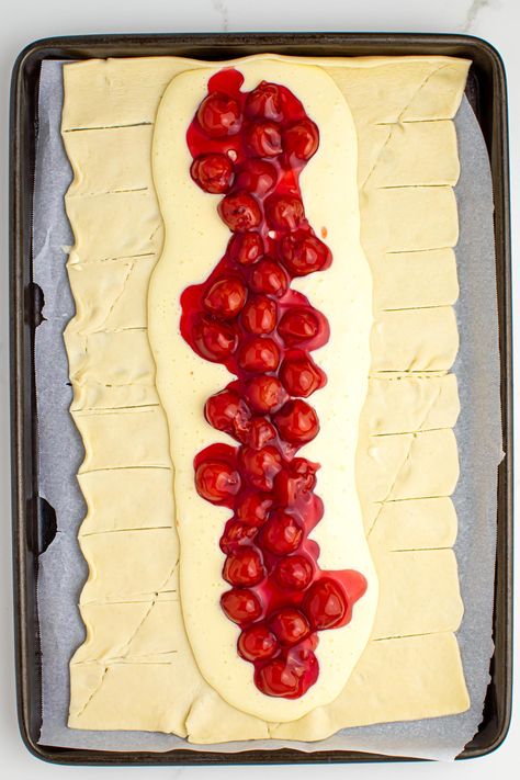 This easy Cherry Danish Braid Recipe is so delicious, made with shortcut ingredients like cherry pie filling and crescent roll dough! Cherry Turnovers With Crescent Rolls, Crescent Roll Danish, Cherry Danish Recipe, Crescent Roll Dough Recipes, Pie Filling Desserts, Danish Braid, Homemade Sticky Buns, Butter Braids, Cherry Danish