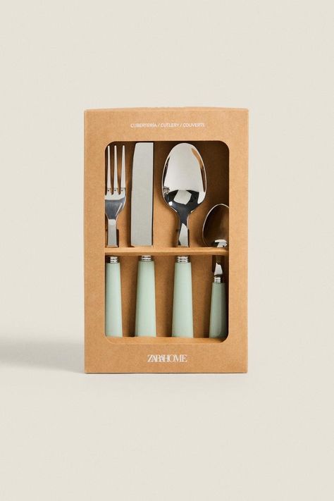 CUTLERY SET WITH HANDLE DETAIL - Sea green | ZARA United Kingdom Green Home Decor, Stainless Steel Cutlery, Bathroom Cleaning, Cutlery Set, Clean Laundry, Sea Green, Zara Home, Trouser Jeans, Furniture Decor