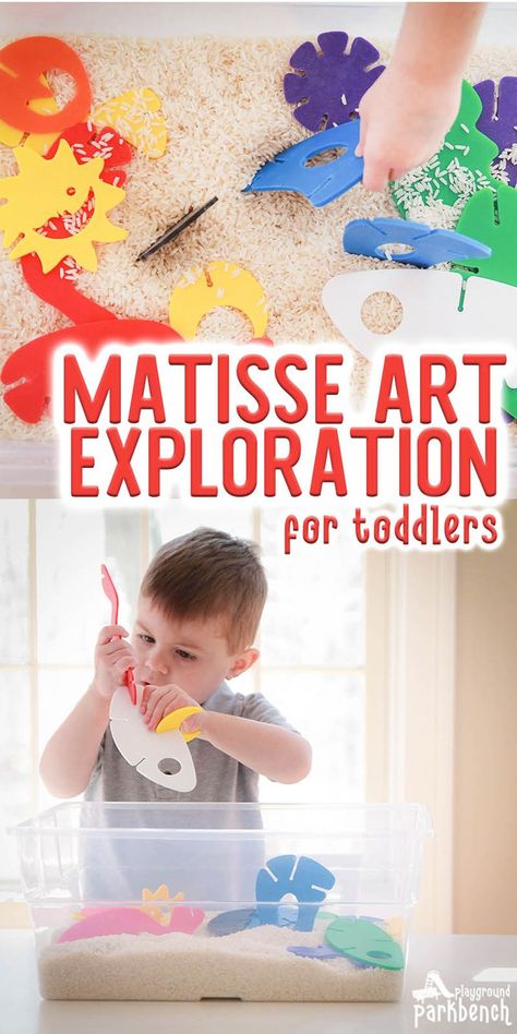 Introduce your child to the great artist, Henri Matisse, with a simple sensory bin. They can freely explore and learn through play about color, abstract shapes, sculpture and more. Perfect toddler activity and a great art center for preschool! #artforkids #toddleractivity #sensorybin via @playgroundpb #activitiesforbabies Matisse Inspired Art, Nanny Ideas, Toddler Playground, Art Exploration, Master Artists, Learn Through Play, Preschool Centers, Sensory Activities Toddlers, Creation Station