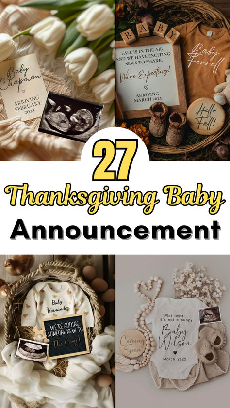 Celebrate your little one’s arrival with heartwarming Thanksgiving-themed announcements! From creative photos to sentimental captions, these 27 ideas offer inspiration to share your baby news in a festive and meaningful way. 
Whether you're going for cozy autumn vibes or a playful holiday twist, there’s something perfect for every style. 
Make your big reveal unforgettable this Thanksgiving! Thanksgiving Announcement, Thanksgiving Baby Announcement, Thanksgiving Pregnancy Announcement, Soft Baby Shoes, First Ultrasound, Keepsake Crafts, Ultrasound Pictures, Baby News, Knitted Teddy Bear