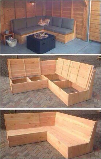 Diy Bank, Outdoor Storage Bench, Pallet Decor, Outdoor Furniture Plans, Pallet Outdoor, Diy Bench, Tables Diy, Pallet Furniture Outdoor, Diy Furniture Table