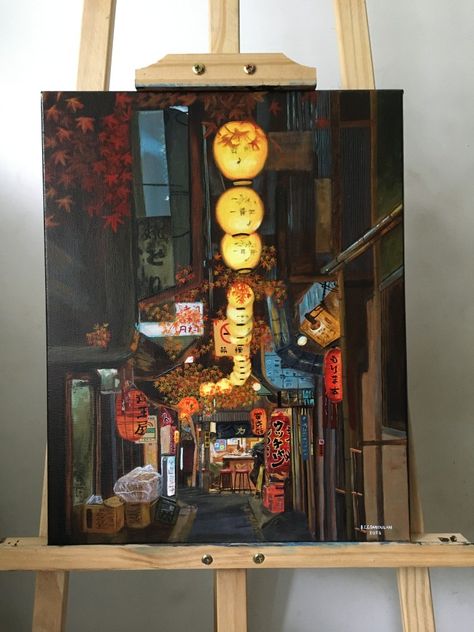 #japan #japanesestreet #painting #art #acrylic #acrylicpainting #reference #referencepainting Acrylic Japanese Painting, Japanese Street Painting, Japan Landscape Painting, Painting Ideas On Long Canvas, Japan Painting Acrylic, Painting Competition Ideas, Japanese Acrylic Painting, Multi Canvas Painting Ideas, Tokyo Painting