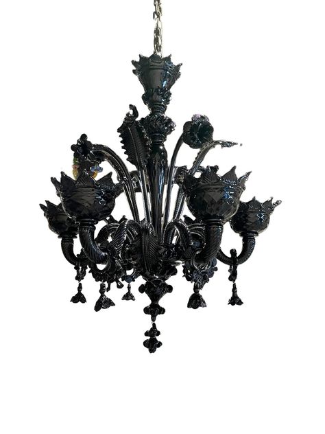 "Classic Murano glass chandelier. Every chandelier is exclusively worked by hand by Murano glass masters using ancient artisan techniques. This stunning black Murano glass chandelier is the perfect lighting piece for any room. Dimensions: 3 light - 24\" H x 20\" D (60 cm H x 50 cm D)  5 light -  27.5\" H x 24 D (70 cm H x 60 cm D) 6 light - 29.5\" H x 27.5\" D (75 cm H x 70 cm D) 8 light - 33.5\" H x 31.5\" D (85 cm H x 80 cm D) Standard hardware selections are: Polished gold, brushed gold, poli Victorian Gothic Chandelier, Chandelier Gothic, Gothic Apartment, Chandelier Victorian, Gothic Lighting, Skull Bedroom, Gothic Chandelier, Black Crystal Chandelier, Blown Glass Lighting