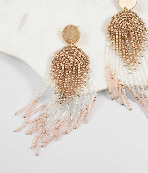 Gold Beaded Earrings With Fringe, Gold Fringe Beaded Dangle Earrings, Gold Beaded Fringe Dangle Earrings, Bohemian Gold Beaded Fringe Earrings, Beaded Fringe Earrings, Gold Bohemian Beaded Fringe Earrings, Beaded Jewelry Earrings, Jewerly Beads, Bead Crochet Rope