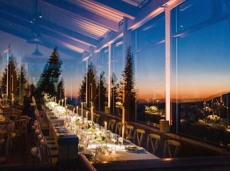 Sunset views at stunning evening Colorado wedding reception at The Little Nell in Aspen, Colorado. Brought to life by Florist- The Aspen Branch, Planner-  Stefanie Cove and Company and Photographer- James + Schulze. Wedding In Aspen Colorado, Vail Colorado Wedding Venues, Aspen Colorado Wedding Venues, Aspen Wedding Venues, Indoor Colorado Wedding Venues, Vail Colorado Weddings, The Little Nell Wedding, Little Nell Aspen Wedding, Aspen Winter Wedding