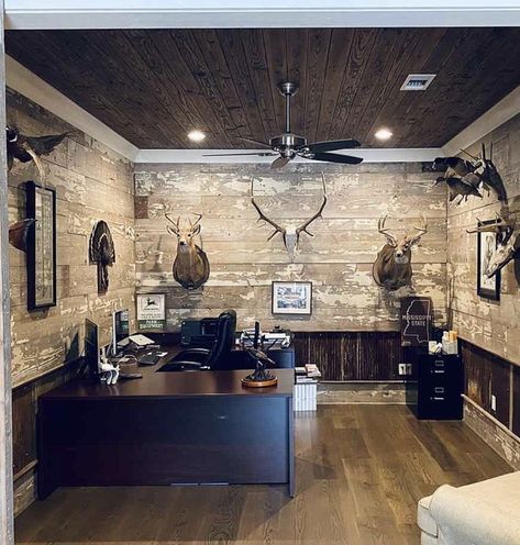 Office With Taxidermy, Hunting Room Office, Office With Animal Mounts, Deer Mount In Office, Interior Shop Ideas, Hunting Shop Ideas, Man Cave Office Ideas Rustic, Taxidermy Shop Setup, Basement Trophy Room