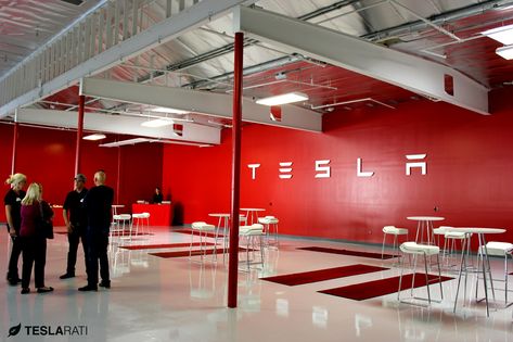 Tesla Office, Car Warehouse, Car Showroom Interior, Mobile Shop Design, Red Office, Photo Scavenger Hunt, Interior Design Student, Office Branding, The Torch