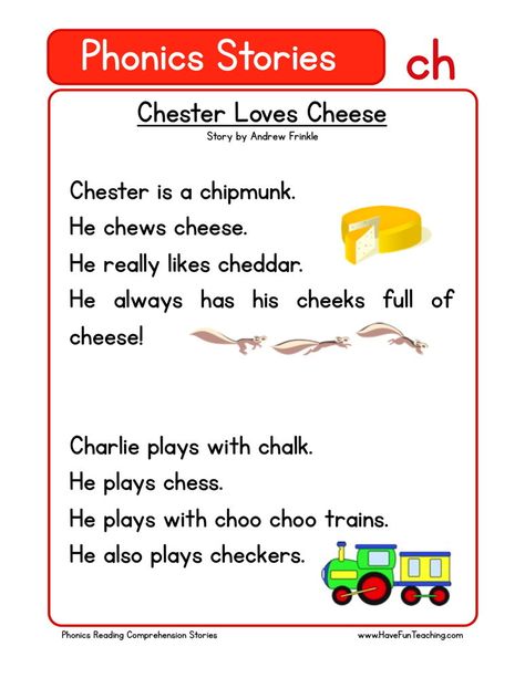 Chester Loves Cheese Phonic Stories, Phonics Stories, Ch Words, Phonics Reading Passages, First Grade Reading Comprehension, Teaching Reading Comprehension, Blends Worksheets, Fluency Activities, Kindergarten Reading Worksheets