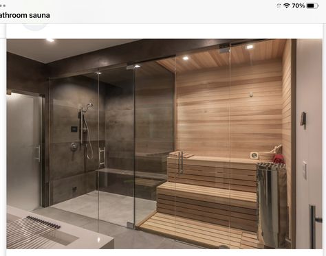 House Sauna Steam Room, Basement Jacuzzi Ideas, Bathroom With Cold Plunge, 2 Person Sauna In Bathroom, Bathrooms With Saunas, Bathroom Sauna Ideas, Home Sauna Room Ideas, Sauna Shower Combo Master Bath, Wellness Keller