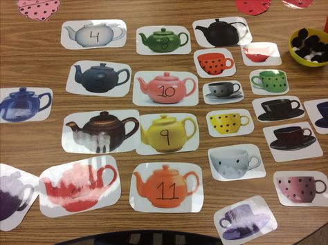 Teapot/teacup matching- take teapots of different colors and put numbers on them. Get tea cups of the same color and put dots on them to match the numbers written on the teapots. Have the children match the numbers to the dots. Nursery Rhymes Preschool, Literacy Activities Preschool, Nursery Rhymes Activities, School Kids Crafts, Preschool Resources, Tea Party Theme, Preschool Literacy, Matching Activity, Letter Activities