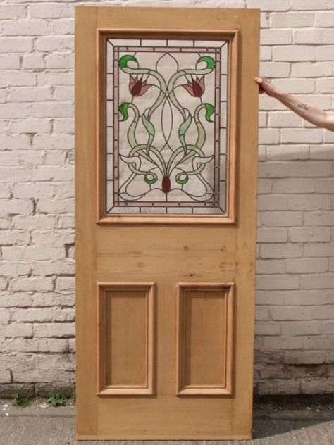 Original Stained Glass Exterior Door - Traditional Front Doors Art Deco Stained Glass Door, Stained Glass Bathroom Door, Chowkhat Design, Victorian Stained Glass Door, Stained Glass Front Door Side Panels, Front Door Stained Glass Window, Glass Exterior Door, Door Stained Glass, Stained Glass Front Door