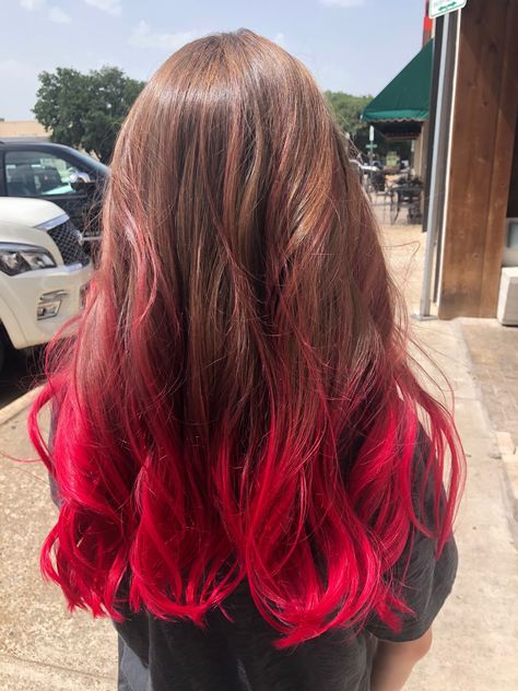 Red Ombre Hairstyle Red On Bottom Of Hair, Dyeing The Ends Of The Hair, Tips Of Hair Dyed Red, Brunettes With Red Highlights, Hair Dye Ideas For Redheads Natural Red, Bottom Half Dyed Hair Red, Shadow Root Brown To Red, Red Ends On Blonde Hair, Brown Hair With Colored Ends