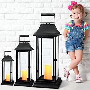 Mifoci Jumbo Black Metal Decorative Lanterns with Clear Glass Panel Hurricane Lantern Candle Lantern for Home Decor Party Event Tabletop Front Porch Wall Hanging Indoor Outdoor (3 Pcs,24'' 16'' 10'') Large Floor Lanterns, Floor Lantern, Decorative Lanterns, Lantern Craft, Lantern Candle, Large Lanterns, Lantern Candle Decor, Black Lantern, Porch Wall