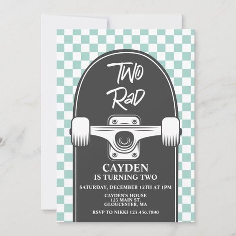 Skateboard Two Rad 2nd Birthday Invitation Two Rad Birthday Party, Rad Birthday Party, Two Rad Birthday, 2nd Birthday Invite, Skateboard Birthday, 2nd Birthday Invitations, Birthday Design, Boy Birthday Parties, Birthday Invite