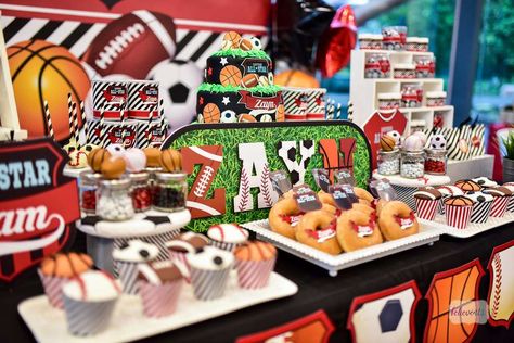 All-Star Sports | CatchMyParty.com All Sports Theme Birthday Party, All Star Party, All Star Birthday Party Decoration, Sports 1st Birthday Party Boys, Allstar Sports Birthday Party, All Star Birthday Party, Sports Theme Sweets Table, Mvp Party Sport Theme, Sports Birthday Party Boys