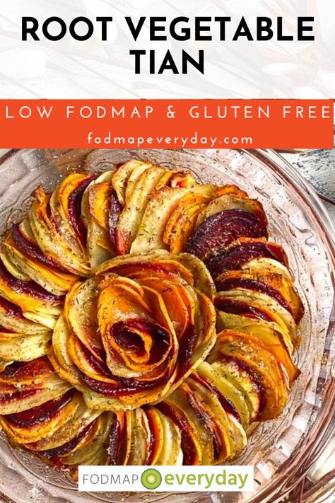 Our Low FODMAP Root Vegetable Tian; easy to make, elegant enough for guests. Potatoes, sweet potatoes, parsnips, low FODMAP amounts of beets. #glutenfree #vegan #vegetarian #easyrecipe #lowfodmapdiet#fodmap #lowfodmap #fodmapeveryday #ibs #ibsdiet Vegetable Tian, Low Fodmap Recipes Dinner, Reflux Recipes, Low Fodmap Snacks, Fodmap Snacks, Roasted Root Veggies, Clean Dinners, Low Fodmap Diet Recipes, Fodmap Diet Recipes