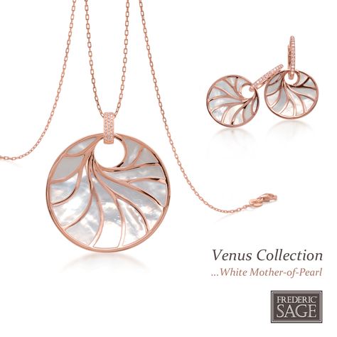 Frederic Sage "Venus" Pendant and earrings ~ Mother of Pearl set in Pink Gold Natural Stone Jewelry Diy, Mop Jewelry, Laxmi Narayan, Diy Wire Earrings, Gold Pendent, Diamond Pendants Designs, Mother Of Pearl Pendant, Art Jewelry Design, Jewellery Design Sketches