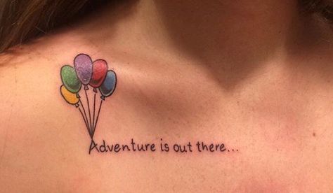 Adventure is out there Disney tattoo based on the Pixar movie "UP" and the balloon house. Best Friend Disney, Tattoo Disney, Balloon House, Movie Tattoo, Movie Tattoos, Adventure Is Out There, Small Tattoos Simple, Disney Tattoo, Disney Ideas