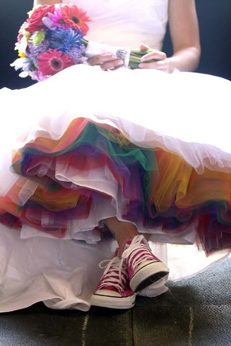 Bridal froufrou -4 Rainbow Petticoat Wedding Dress, Diy Rainbow Tulle Skirt, Colorful Petticoat Under Wedding Dress, Rainbow Petticoat Wedding, Black And Rainbow Wedding Dress, Black And Rainbow Wedding, Mrs And Mrs Lgbt Wedding Ideas, Wedding Dresses With Color Accents, Rainbow Wedding Ideas