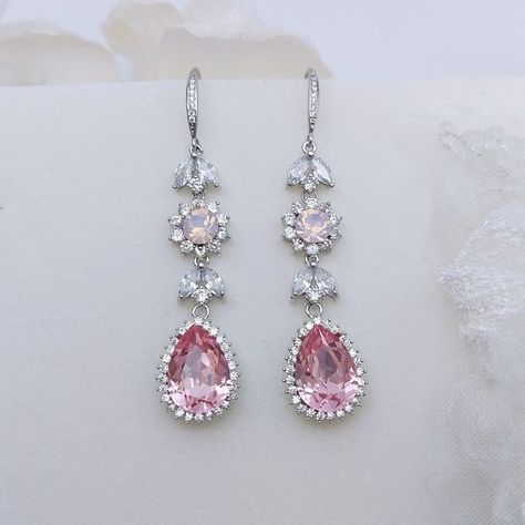 Light Pink Earrings Long, Pink Dangling Earrings, Pink Earrings Aesthetic, Pink Prom Earrings, Light Pink Earrings, Water Opal, Silver Bridal Earrings, Pastel Earrings, Crystals Swarovski