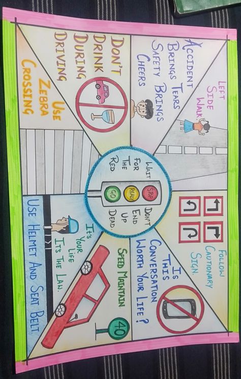 Safety Rules At School Project, Mines Safety Poster Drawing, Poster On Road Safety, Road Safety Poster Ideas For Competition, Safety Rules At School, Road Safety Poster, Drawing Topics, Preschool Charts, Safety Crafts