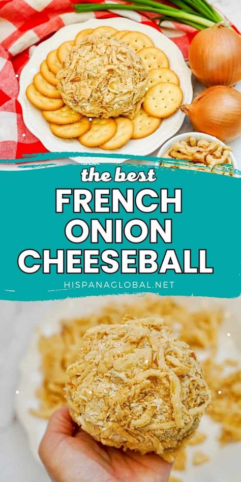 Football Sunday Appetizers, Onion Cheese Ball, Easy Cheese Ball, Cheddar Cheese Ball, Onion Dip Recipe, Cream Cheese Ball, Cheese Ball Recipe, Carmelized Onions, Baguette Bread