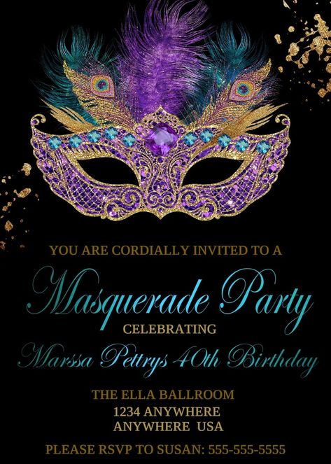 Masquerade Birthday Party, Mardi Gras Invitations, Mascarade Party, Mardi Gras Birthday, Masquerade Party Invitations, Milestone Birthday Invitations, Masquerade Party Decorations, Masquerade Ball Party, Glitter Birthday Parties