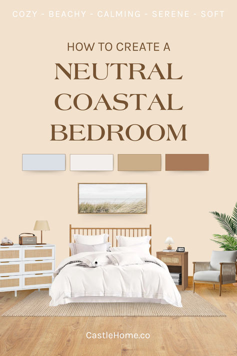 Design a peaceful coastal bedroom with neutral tones and natural textures. Learn how to combine soft whites, light tans, and soothing gray blues with luxurious Egyptian cotton bedding, beachy accents, and elegant furnishings. Add coastal-inspired wall art, lighting, and cozy textiles to create a calming retreat that brings the beach to your home. Perfect for creating a serene, stylish space! #CoastalLiving #NeutralBedroom #HomeInspiration Neutral Coastal Bedroom, Bedroom Castle, Castle Home, Coastal Lighting, Egyptian Cotton Bedding, Beach Bedroom, Coastal Bedroom, Elegant Furniture, Beach Condo