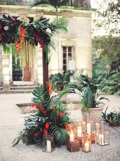 Green Floral Centerpieces Wedding, Spring Tropical Wedding, Jewel Tone Tropical Wedding, Tropical Wedding Backdrop Ideas, Tropical Wedding Alter, Red Tropical Wedding, Moody Tropical Wedding, Green Tropical Wedding, Tropical Wedding Colors