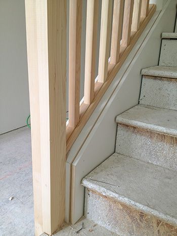 Notice that the stair skirt covers the drywall at the inside of the staircase and is fit to a ¼” reveal on the knee wall cap. Drywall Staircase Makeover, Stairs With Knee Wall, Opening A Staircase Wall, Stair Knee Wall, Knee Wall Stairs, Knee Wall Staircase, Stair Skirt, Half Wall Vs Railing, Knee Wall Stair Railing