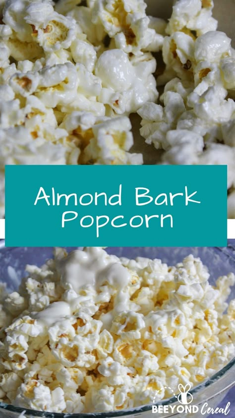 Almond Bark Popcorn Christmas, White Almond Bark Popcorn, Popcorn Almond Bark Recipe, Popcorn White Chocolate Recipes, Almond Bark Popcorn Recipe, White Almond Bark Recipes Christmas, Almond Bark Recipes White, Popcorn With Almond Bark, White Almond Bark Recipes