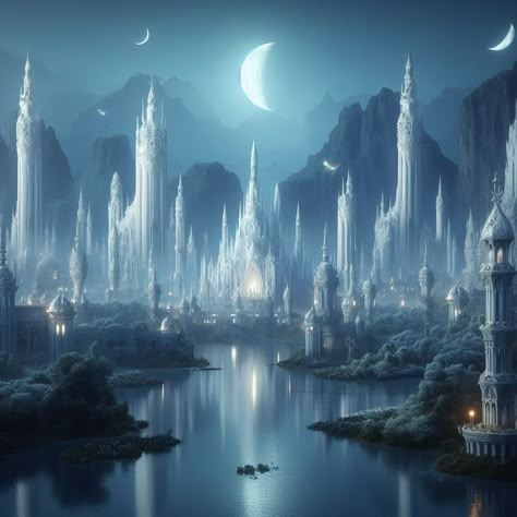 Mythical World Art, Moon City Fantasy Art, Star Kingdom Fantasy Art, Moon Temple Fantasy Art, Sea City Fantasy Art, Magic City Fantasy Art, Fantasy Ocean Kingdom, Fantasy Kingdom Inspiration, Sea Kingdom Aesthetic