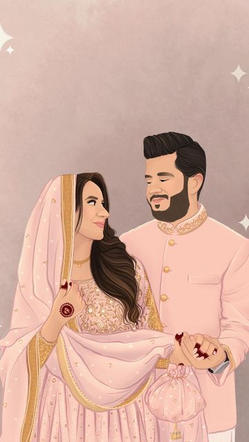 Musfirah Amjad on Instagram Bride Fashion Illustration, Couple Illustrations, Wedding Illustration Card, Couple Illustration Wedding, Bride And Groom Cartoon, Wedding Couple Cartoon, Bride And Groom Silhouette, Muslim Wedding Cards, Wedding Caricature