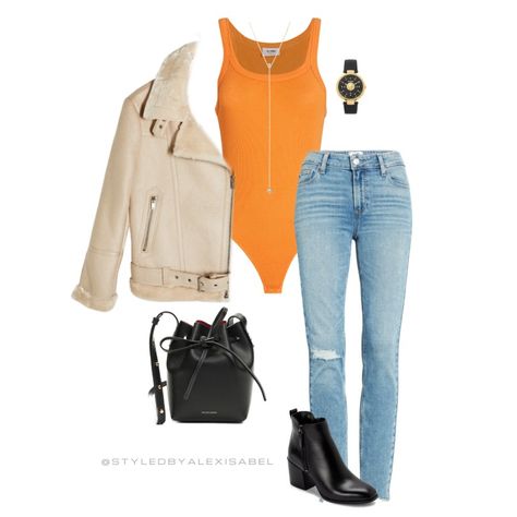 Orange Bodysuit Outfit, Sleeveless Bodysuit Outfit, Celeb Outfits, Light Wash Ripped Jeans, Black Bucket Bag, Orange Bodysuit, Bodysuit Outfit, Fall Style Guide, Tomboy Chic