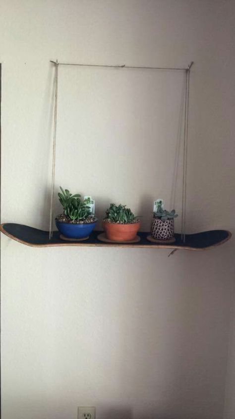 DIY skateboard shelf - Gift I made my GF. Made a hanging shelf out of an old skateboard suspended with some string, in this case jute. Skateboard Shelf Diy, Old Skateboard Ideas Diy, Trash Crafts, Skateboard Shelf, Make A Skateboard, Homemade Shelves, Old Skateboard, Skateboard Shelves, Skateboard Ideas