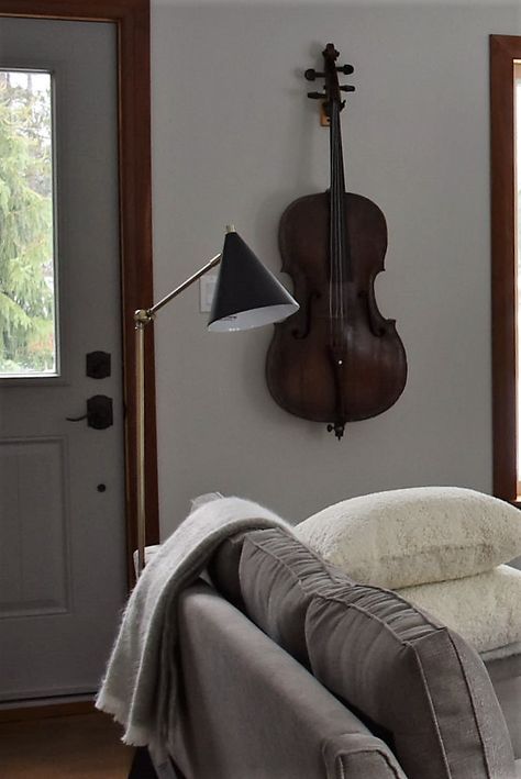 Cello In Living Room, Cello Wall Mount, Violin On Wall, Cello Decor, Cello Display, Cello Stand, Music Display, Library Corner, House Library