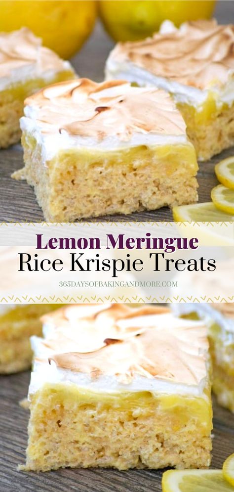 These Lemon Meringue Rice Krispie Treats are made with fresh lemons, Rice Krispie cereal, egg whites, and lemon pudding. They are the perfect nostalgic treat that you'll want to serve as dessert at Easter, Mother's Day, and all summer long. Lemon Meringue Rice Krispy Treats, Lemon Rice Krispie Treats, Lemon Rice Crispy Treats, Mothers Day Rice Krispie Treats, Banana Rice Krispie Treats, Samoa Rice Krispie Treats Recipe, Gourmet Rice Krispie Treats, Easter Rice Krispie Treats, Toasted Meringue