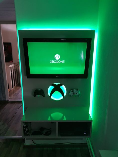 Video Game Nook, Xbox Themed Bedroom, Xbox Set Up Bedroom, Small Gaming Corner Ideas, Gaming Closet Ideas, Video Game Corner, Xbox Game Room Ideas, Xbox Room Ideas, Fortnite Room Decor Ideas