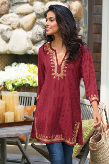 Kashmir Tunic I - Striped Tunic, Red Tunic T Red Tunic Top, Look Hippie Chic, Tunic Outfit, Sequin Tunic, Indian Tunic, Red Tunic, Womens Clothes, Women Tunic Tops, Desi Fashion