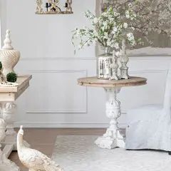 ALL THAT GLISTENS - Shop Sales Events Antique Farmhouse Round Side Table Wood, Bedroom Side Table Ideas, Side Table Ideas, Bedroom Side Table, Rustic Comforter, Side Table Styling, Farmhouse Side Table, Round Accent Table, Side Tables Bedroom