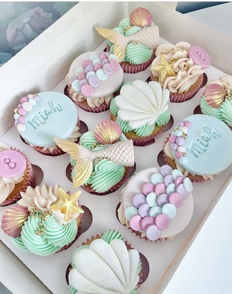 Cupcake Mermaid Theme, Mermaid Birthday Candy Table, Pastel Mermaid Cupcakes, Mini Mermaid Cupcakes, Mermaid Party Cupcakes, Mermaid Themed Birthday Cake, Mermaid Birthday Party Cupcakes, Birthday Cake Mermaid Theme, Mermaids Cupcakes