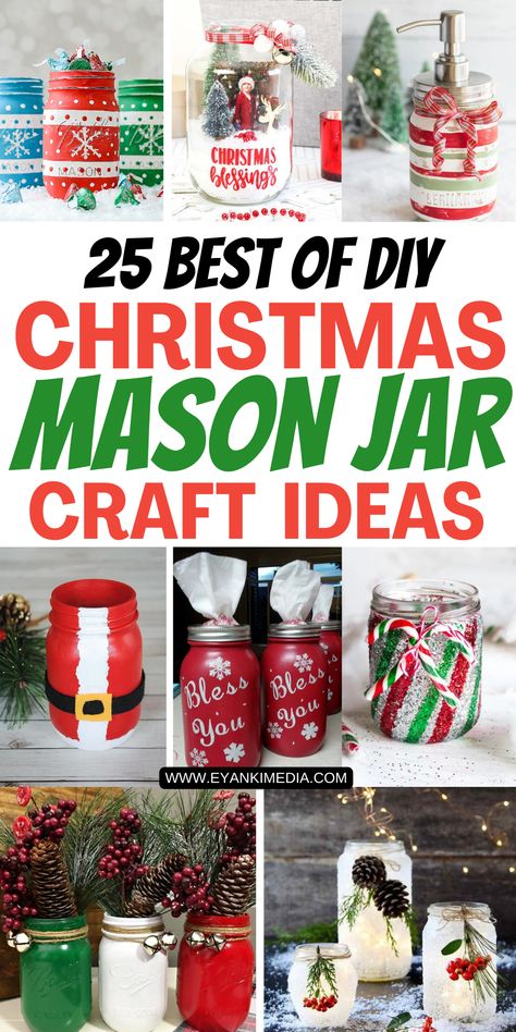 Looking for easy Christmas craft ideas? Try these simple festive Mason Jar Christmas Crafts! Perfect for adding a personal touch to your Christmas decor, these easy mason jar crafts DIY projects are fun and budget-friendly. Discover creative Christmas mason jar ideas that transform ordinary jars into beautiful decorations. From glittery candle holders to adorable snowman, these Mason jar crafts decorations will brighten up your home and bring holiday cheer. Get inspired and start crafting today! Christmas Mason Jar Candle Holders, Mason Jar Snowman Diy, Diy Christmas Candles Jars, Dollar Tree Mason Jar Ornaments Diy, Christmas Decor Jars, Canning Jar Crafts Diy Projects, Decorate Mason Jars For Christmas, Snowman Mason Jars Diy, Small Mason Jar Crafts