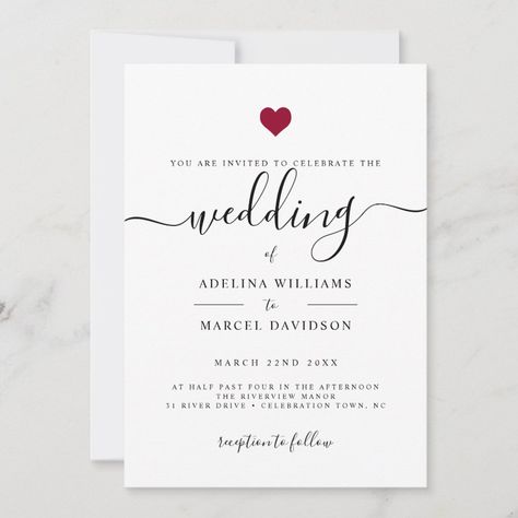 Modern Minimal Calligraphy Red Heart Wedding Invitation  Zazzle Minimal Calligraphy, Gorgeous Calligraphy, Heart Wedding Invitations, Rose Gold Wedding Invitations, Chic Wedding Invitations, Black And White Wedding Invitations, White Wedding Invitations, Script Monogram, Rose Gold Heart