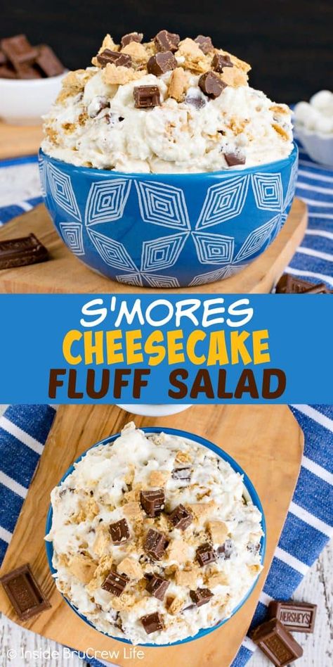 Fall Fluff Desserts, Pudding Salad Recipes, Cheesecake Fluff Salad, Smores Cheesecake, Fluff Salads, Dessert Salad Recipes, Cheesecake Fluff, Fluff Salad Recipes, Fluff Salad