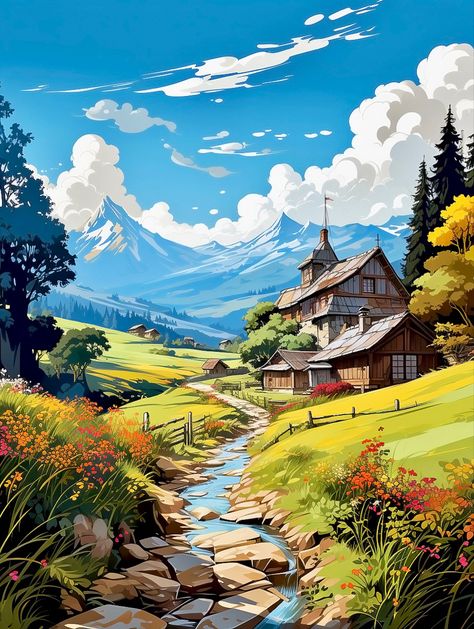 Swiss Mountains, Valley Landscape, Mountain Illustration, Image Nature, Scenery Paintings, Landscape Art Painting, Landscape Artwork, Landscape Drawings, Beautiful Landscape Wallpaper