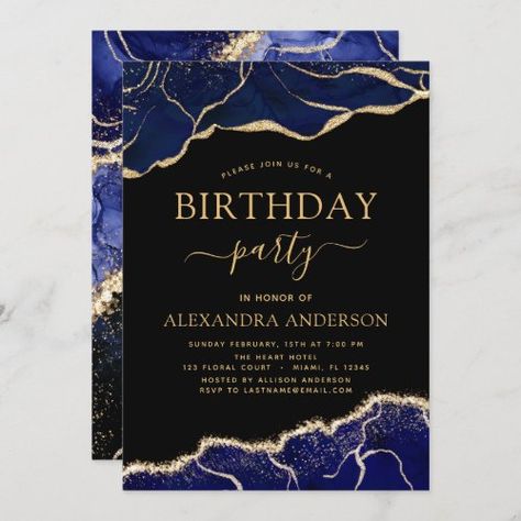 $2.80 | Agate Navy Blue Birthday Party Any Age Invitation #agate, geode, birthday party, elegant, trendy, any age, navy blue, gold, 30th birthday, black Navy Blue Birthday, Blue Birthday Party, Summer Baby Shower Invitations, Blue Birthday Parties, Dove Pictures, Brunch Bubbly, Summer Baby Shower, 23rd Birthday, Gold Baby Showers